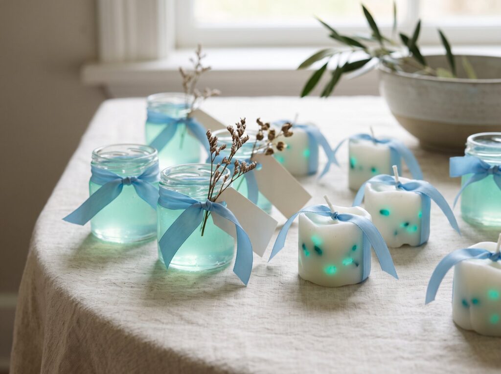 Kleine Gläser mit Leuchtgelee und Kerzen mit hellblauen Schleifen als Gastgeschenke zur Taufe