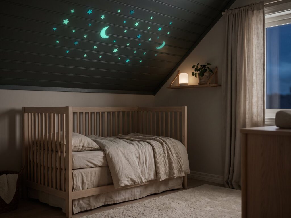 Leuchtender Sternenhimmel mit Mond an der Dachschräge über einem Babybett