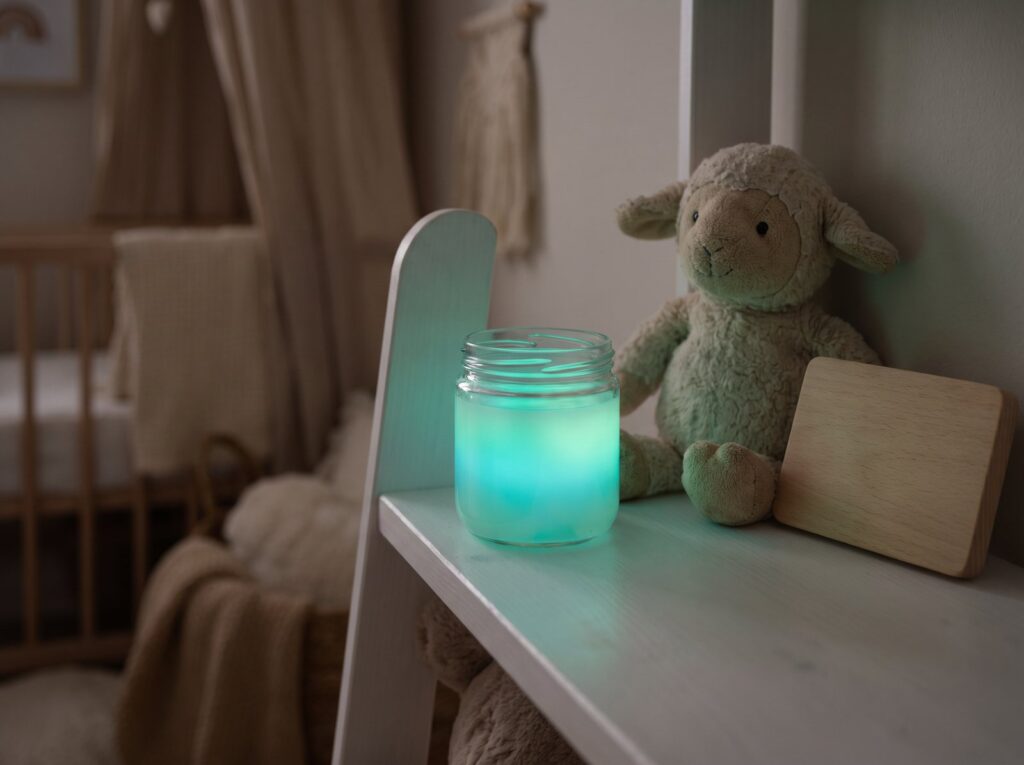 Glas mit leuchtendem Gel als sanftes Nachtlicht im Kinderzimmerregal neben einem Kuscheltier